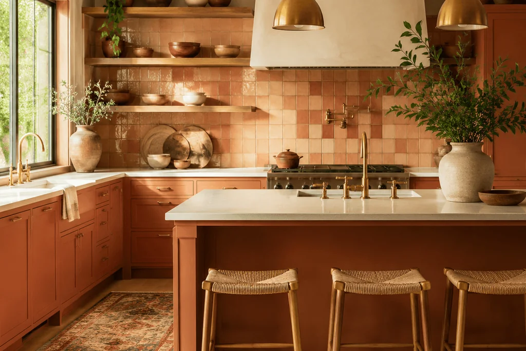 Kitchen in warm terracotta tones with an island, woven stools, brass pendants, and pottery on open shelves.