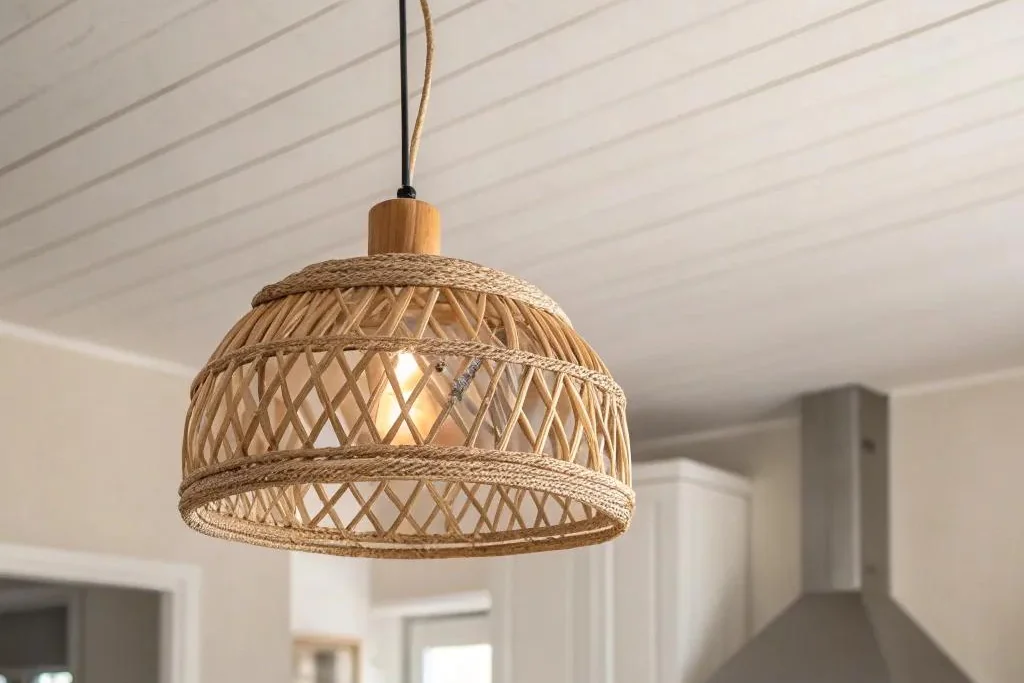 Woven rattan pendant light hanging above a kitchen island with wood counters.