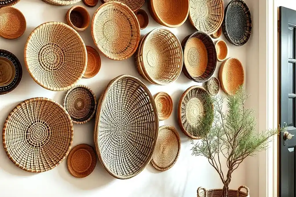 Arrangement of round woven baskets in natural tones covering a wall.