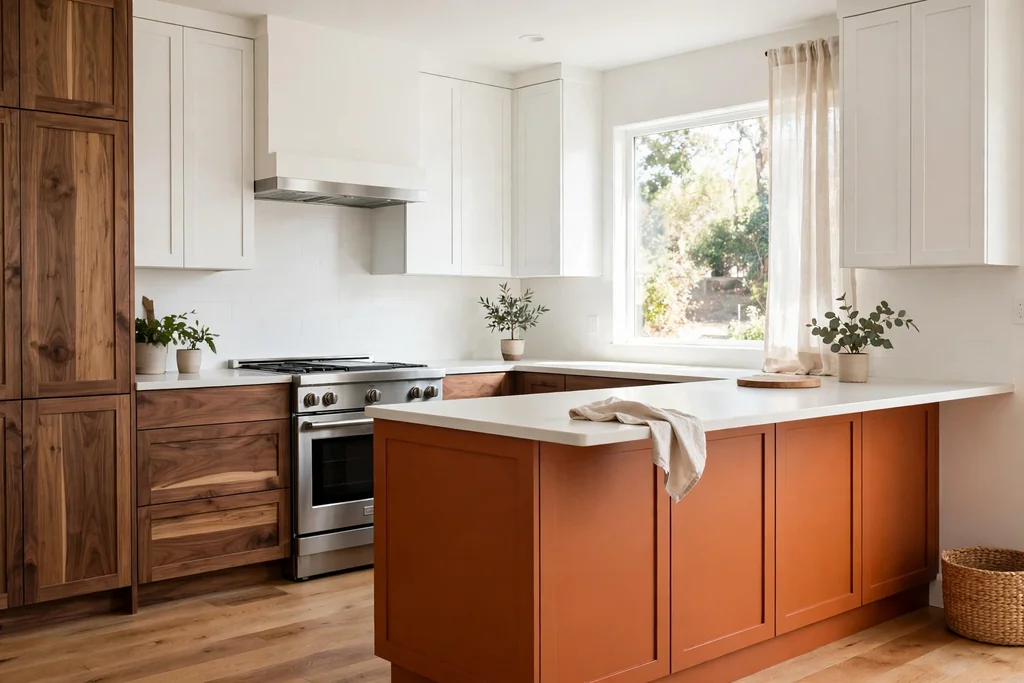 Kitchen with a burnt orange painted island beside walnut and white cabinets.