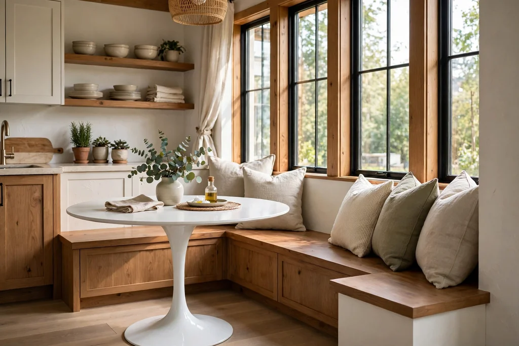 Kitchen breakfast nook with a built-in bench seat and a round tulip table.