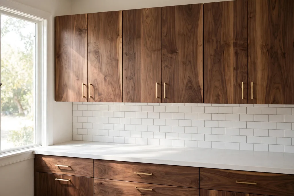 Flat-front walnut kitchen cabinets with slim brass pulls and a plain white counter.