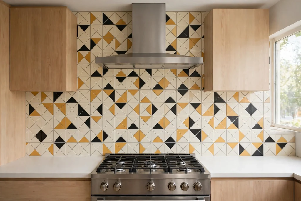 Geometric tile backsplash in cream, mustard, and charcoal behind a kitchen stove.