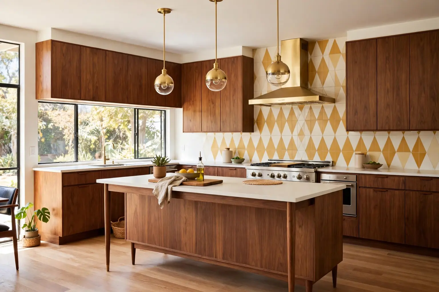 Wide mid century modern kitchen with flat-front walnut cabinets, a walnut island, and brass pendant lights.