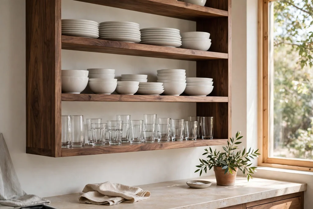 Open walnut kitchen shelves holding white plates, plain bowls, and clear glasses.