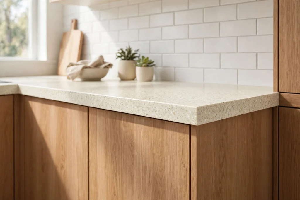 Speckled cream laminate kitchen counter with a clean edge beside flat-front cabinets.
