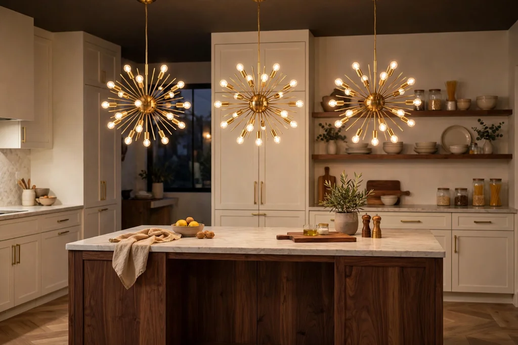 Sputnik style pendant lights with brass frames hanging over a kitchen island.