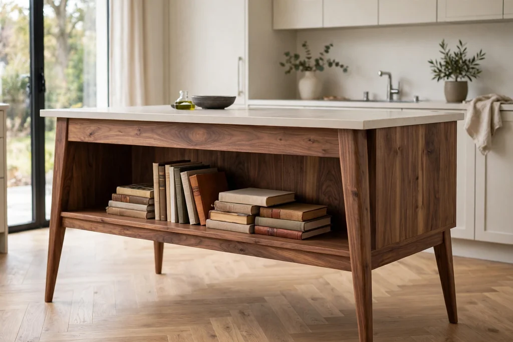 Walnut kitchen island with tapered legs and an open shelf holding cookbooks.