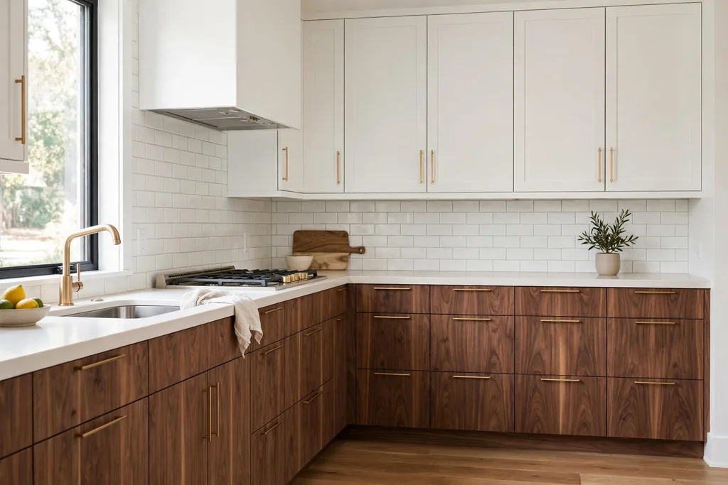 Kitchen with walnut lower cabinets and white upper cabinets with brass hardware.