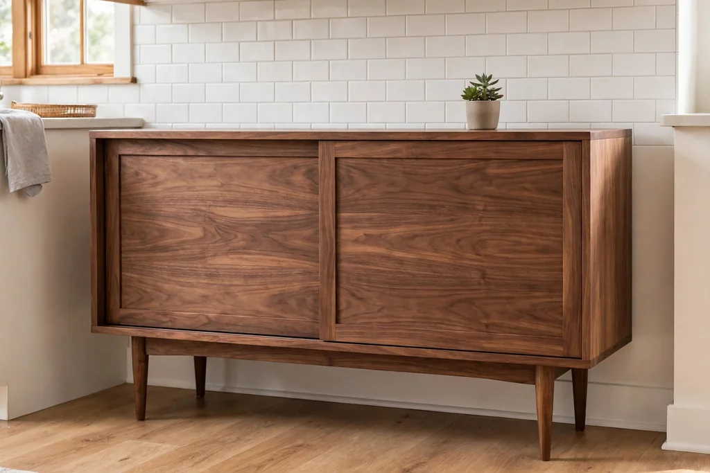 Freestanding walnut credenza with sliding doors against a kitchen wall.