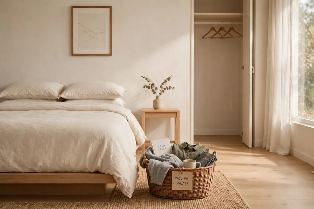 Minimalist bedroom mid edit with a tidy bed, one basket of items to pass on, and clear surfaces.