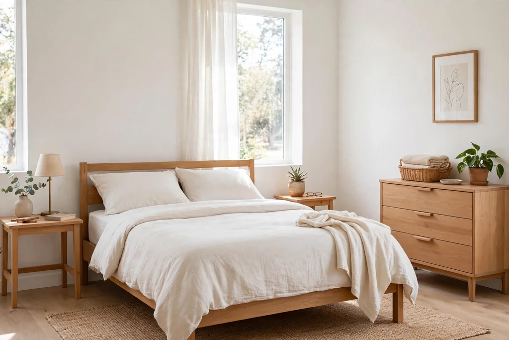 Bedroom with freshly painted warm white walls, plain bedding, and wood furniture in daylight.