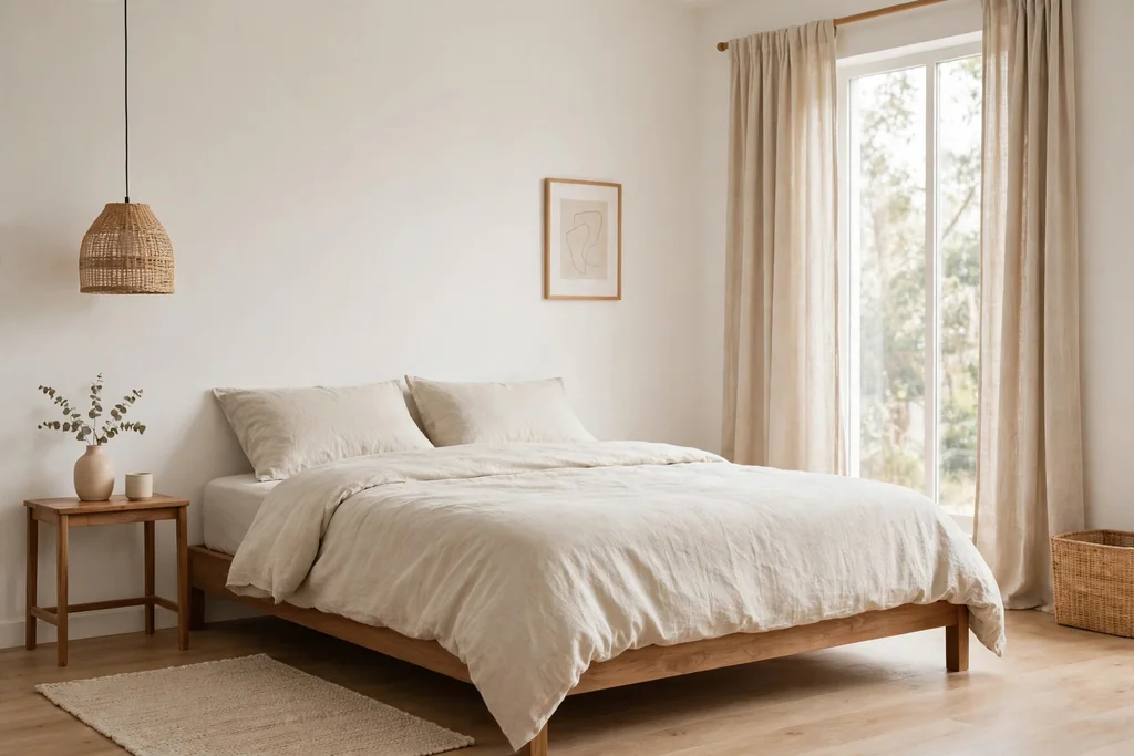 Minimalist bedroom in warm white, oatmeal, and mid wood tones with plain bedding.