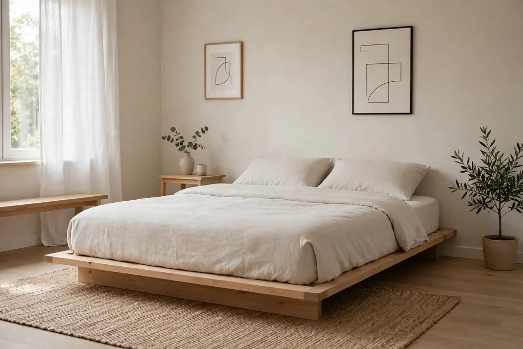 Low plain wood bed frame with plain bedding in a calm minimalist bedroom.