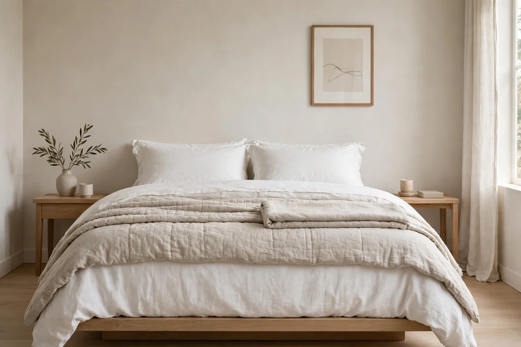 Bed with plain layered bedding in white and oatmeal with a folded throw at the foot.