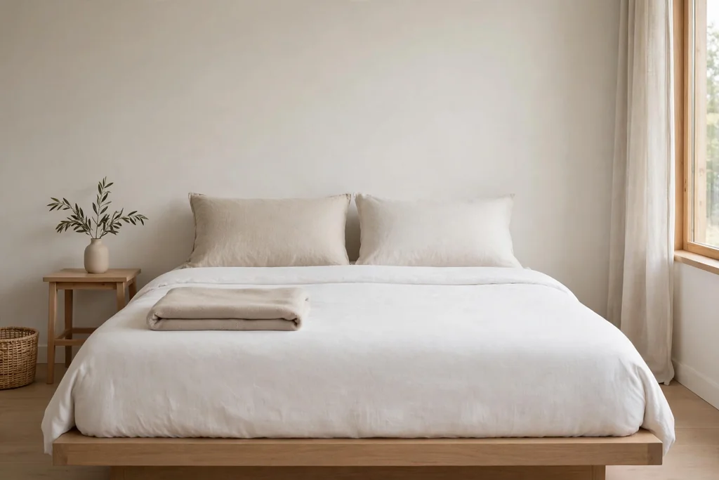 Neatly made bed with one folded throw and two cushions in a minimalist bedroom.
