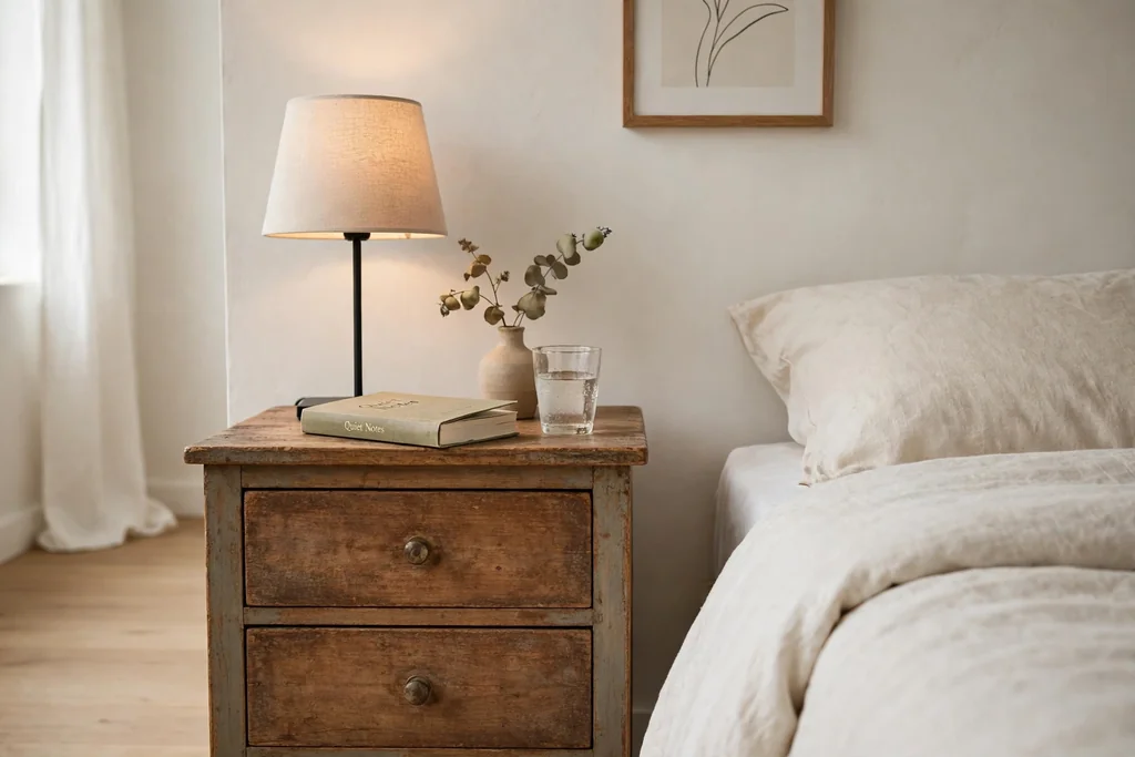 Thrifted wood nightstand beside a bed holding a lamp, a book, and a glass of water.