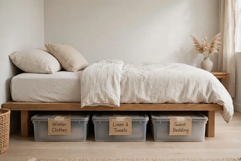 Flat labeled storage boxes slid under a low bed in a tidy minimalist bedroom.