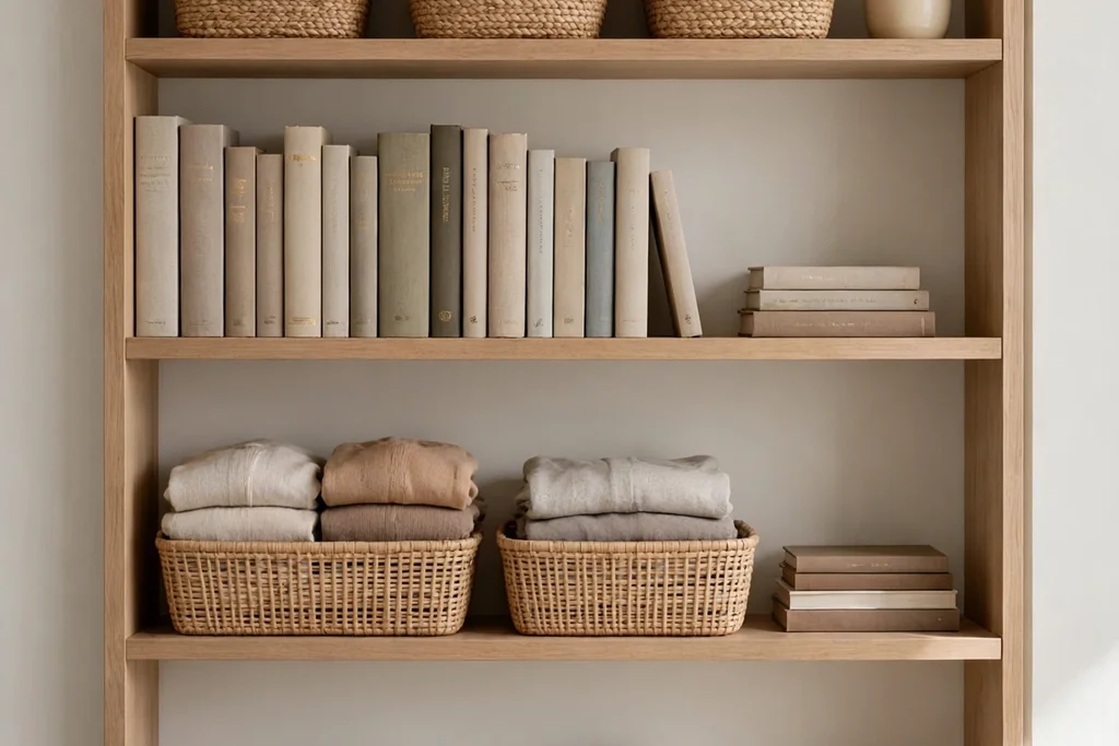 Single run of open bedroom shelves with books, baskets, and folded items.