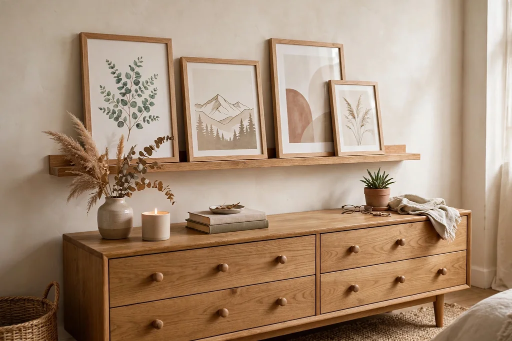 Bedroom picture ledge with leaning framed prints in natural wood frames above a dresser.