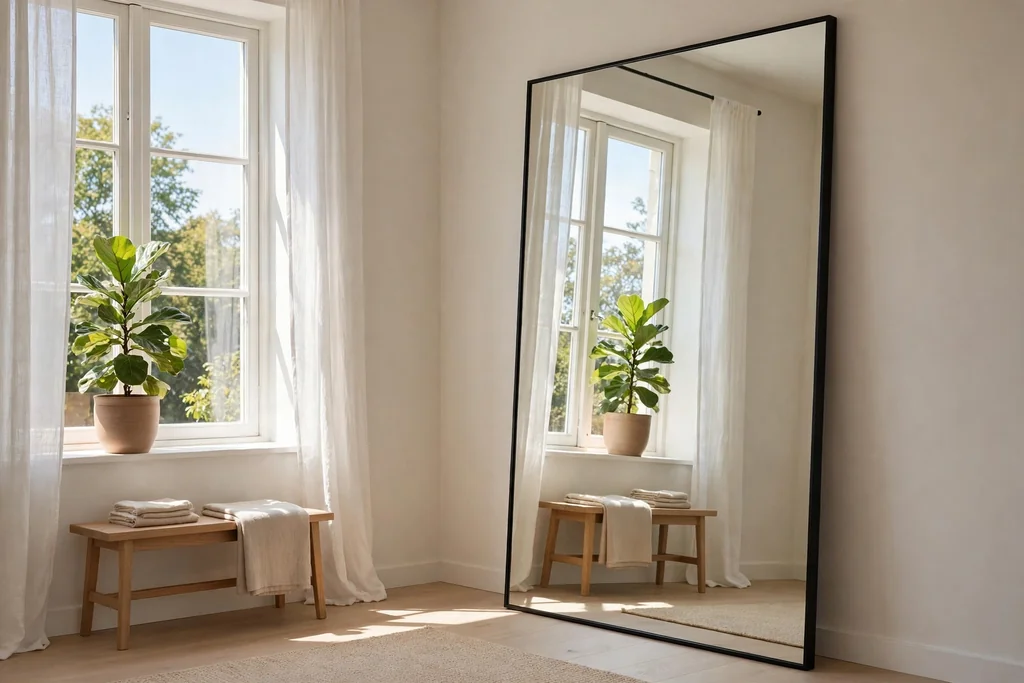 Large mirror opposite a bright bedroom window reflecting daylight and a plant.