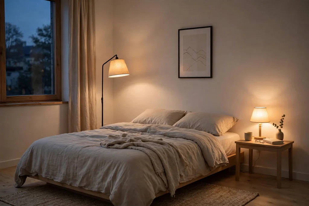 Bedroom in the evening lit by a floor lamp and a bedside lamp with a warm glow.