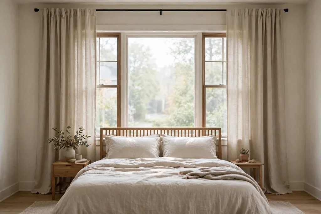 Bedroom window with plain oatmeal curtains hung high and wide over a calm bed.