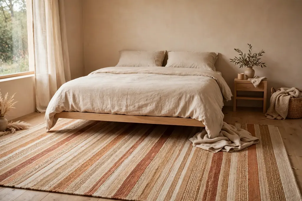 Large flatweave rug under the lower half of a bed in a warm minimalist bedroom.