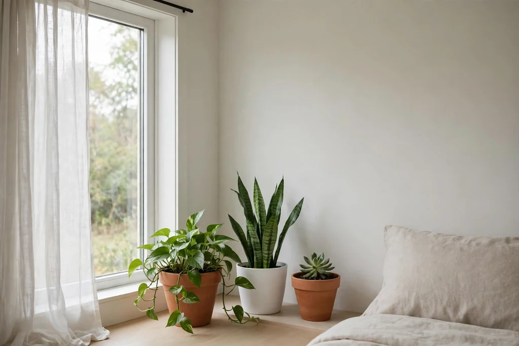 Minimalist bedroom corner with three easy plants in plain terracotta and white pots.