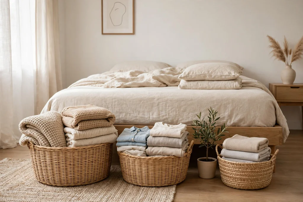 Woven baskets in a minimalist bedroom holding folded throws and laundry.