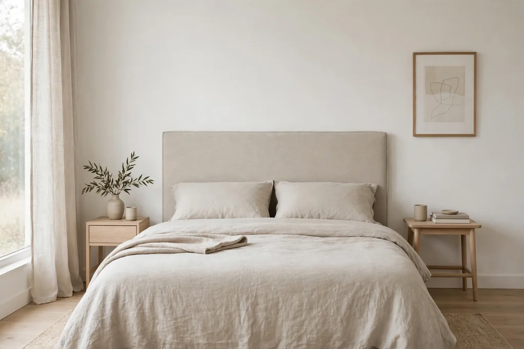 Bed with a simple fabric panel headboard in plain oatmeal linen behind it.