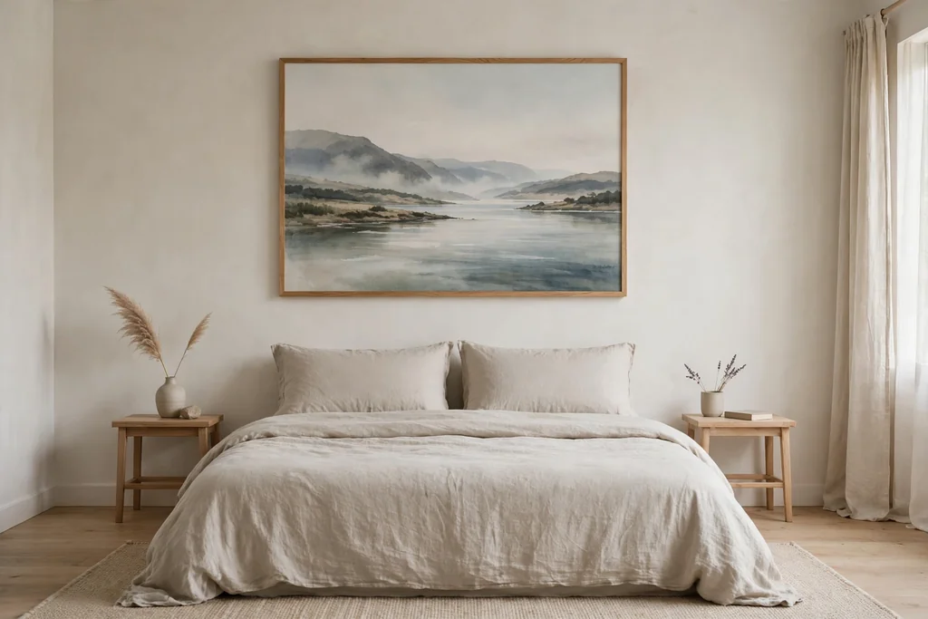 Bedroom with one large framed landscape print above the bed in a calm palette.