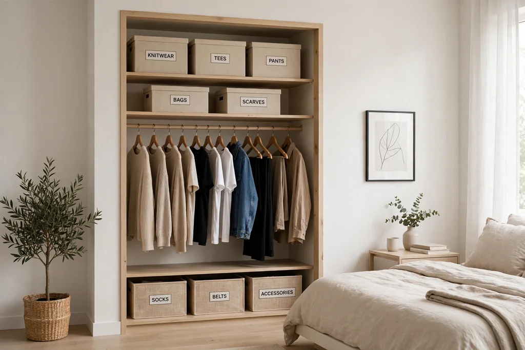Tidy capsule closet with clothes on matching wood hangers and labeled shelf boxes.