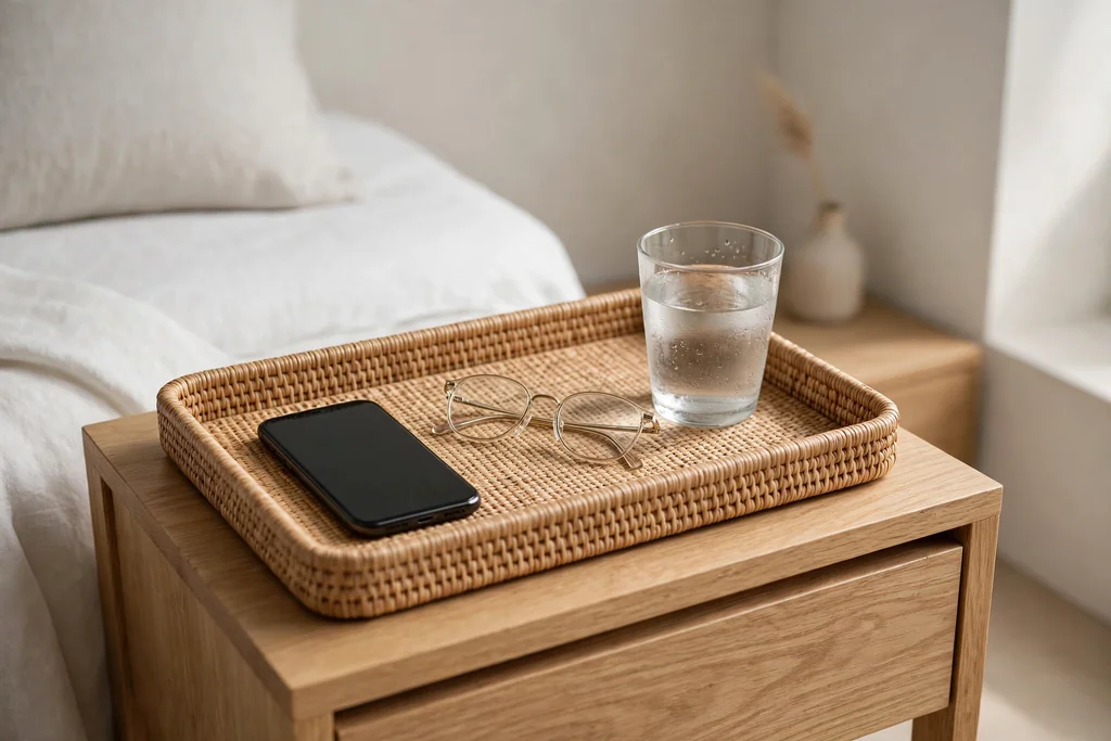 Bedside tray on a nightstand holding a phone, glasses, and a glass of water.