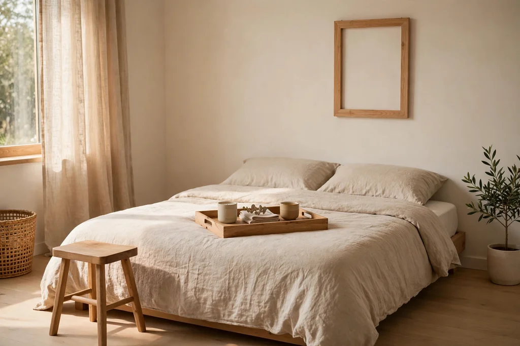 Minimalist bedroom warmed by wood accents: a wood tray, a stool, and a wood frame.