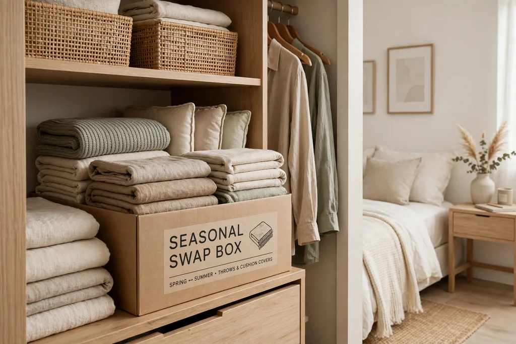 Labeled seasonal swap box in a closet holding folded throws and cushion covers.