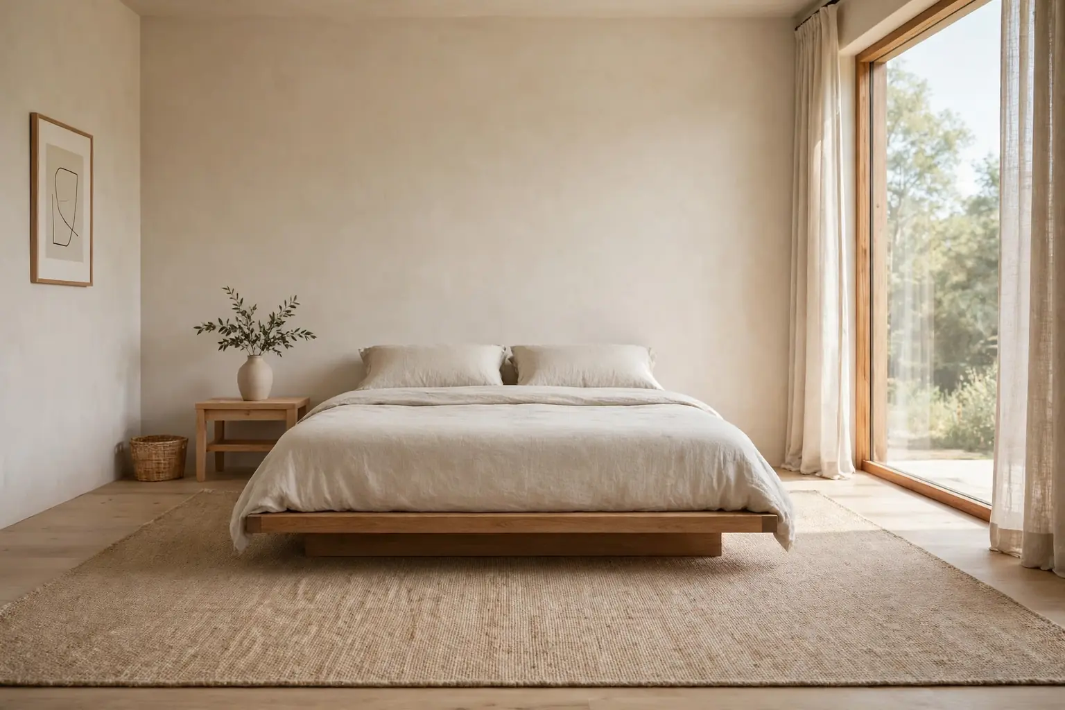 Wide warm minimalist bedroom with a low wood bed, plain oatmeal bedding, a large flatweave rug, and soft daylight.