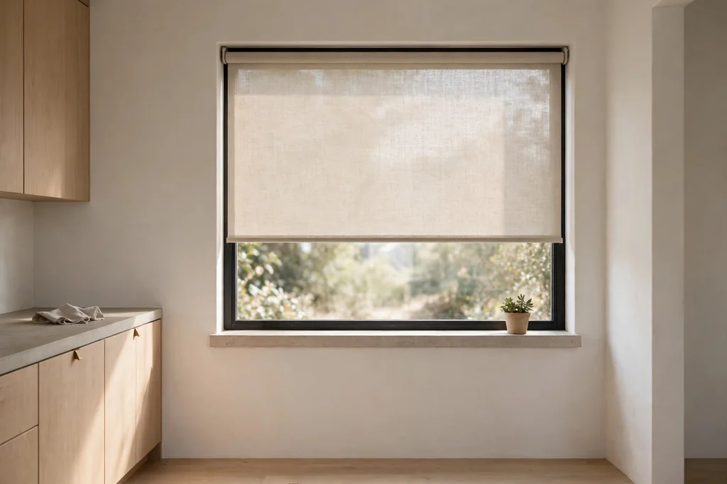 Minimalist kitchen with a bare window, a simple roller blind, and one plant on the sill.