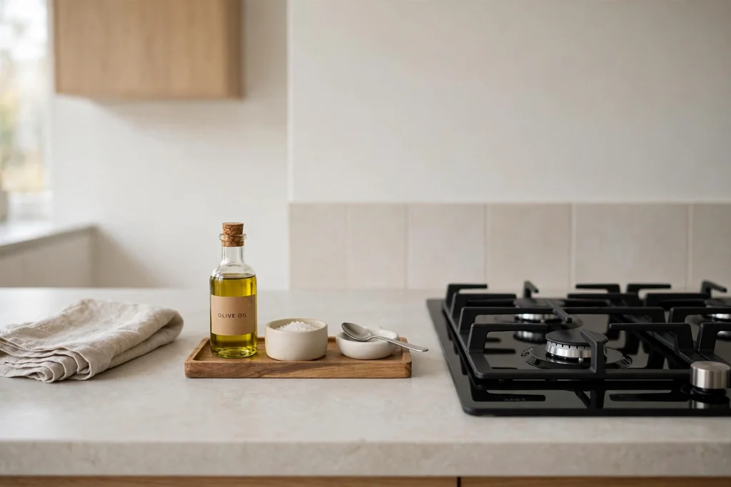 Clear minimalist kitchen counter with one small tray of daily cooking items near the hob.
