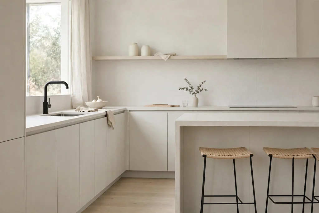 Pale minimalist kitchen with a black tap and dark stool frames as a single dark accent.