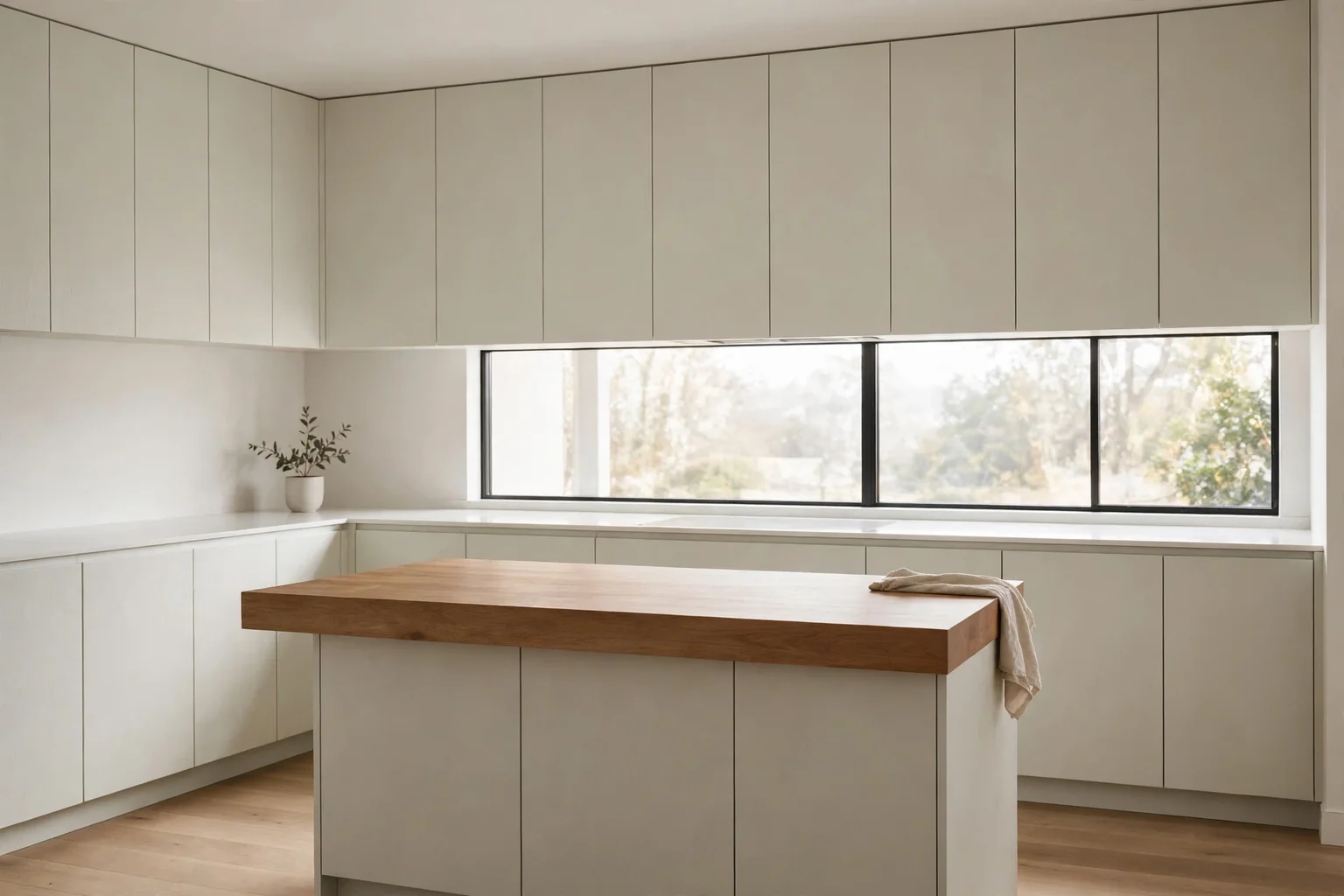 Calm minimalist modern kitchen with flat-front pale cabinets, a warm wood island, and clear counters in soft daylight.