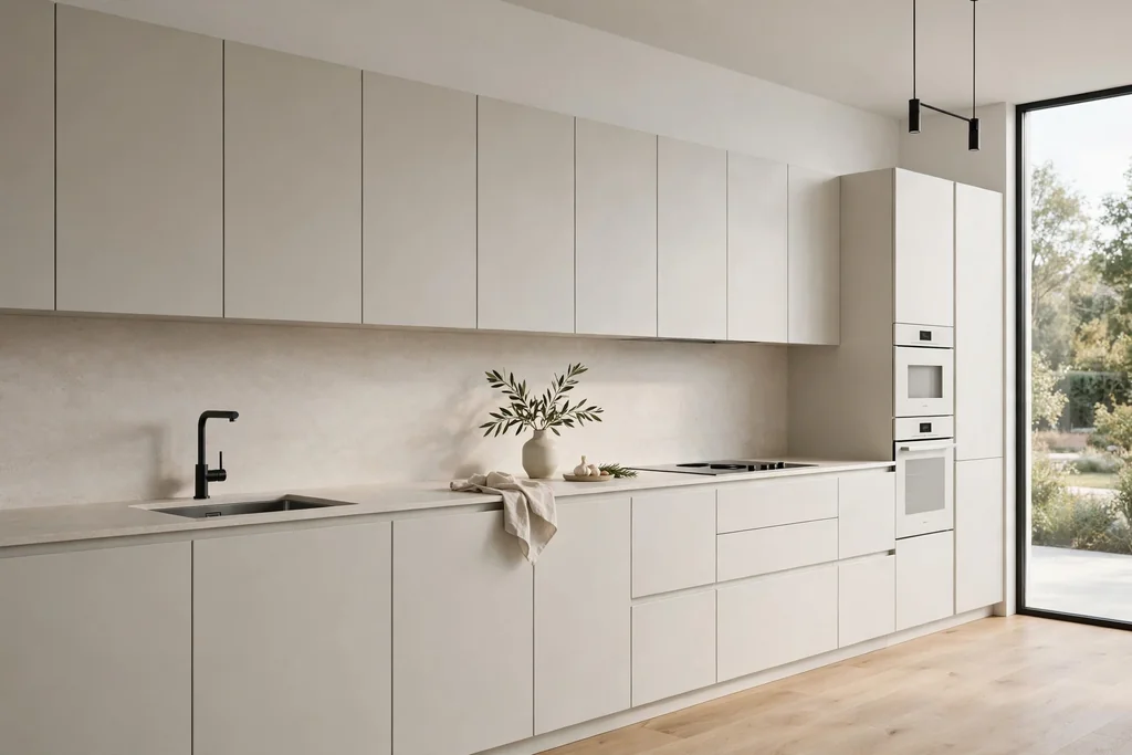 Minimalist modern kitchen with flat-front matte cabinets and a plain pale stone counter.