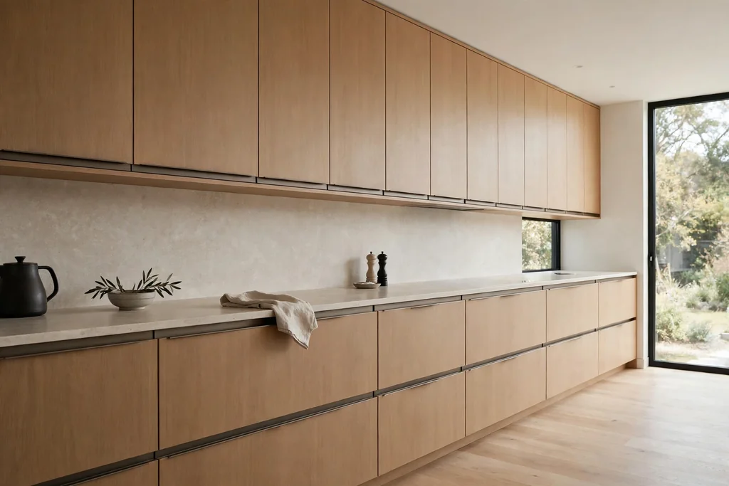 Handleless minimalist kitchen cabinets with slim finger pulls along a clean cabinet run.