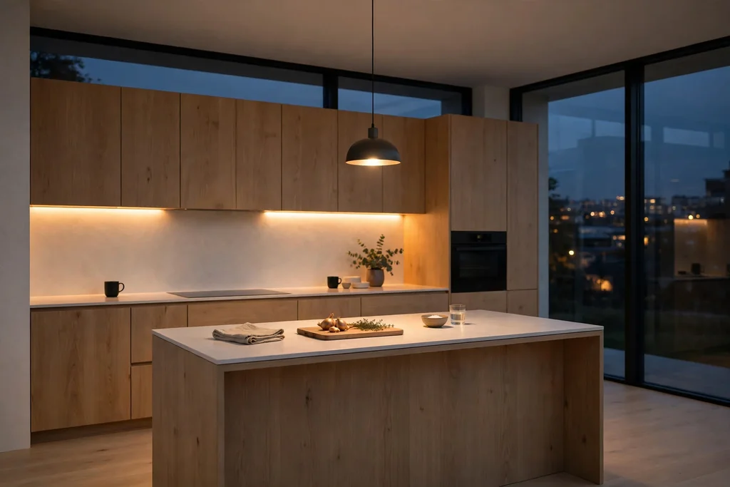 Minimalist kitchen in the evening with warm under-cabinet lighting and a simple island pendant.