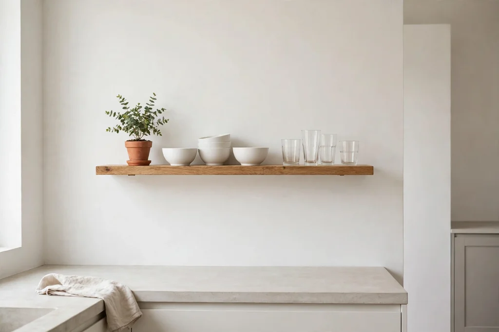 Single wood open shelf with white bowls, glasses, and a small plant in a minimalist kitchen.
