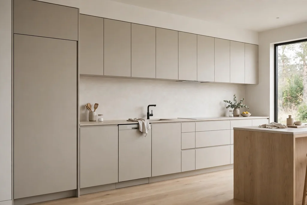 Minimalist kitchen with panel-ready appliances hidden behind flat-front cabinet doors.