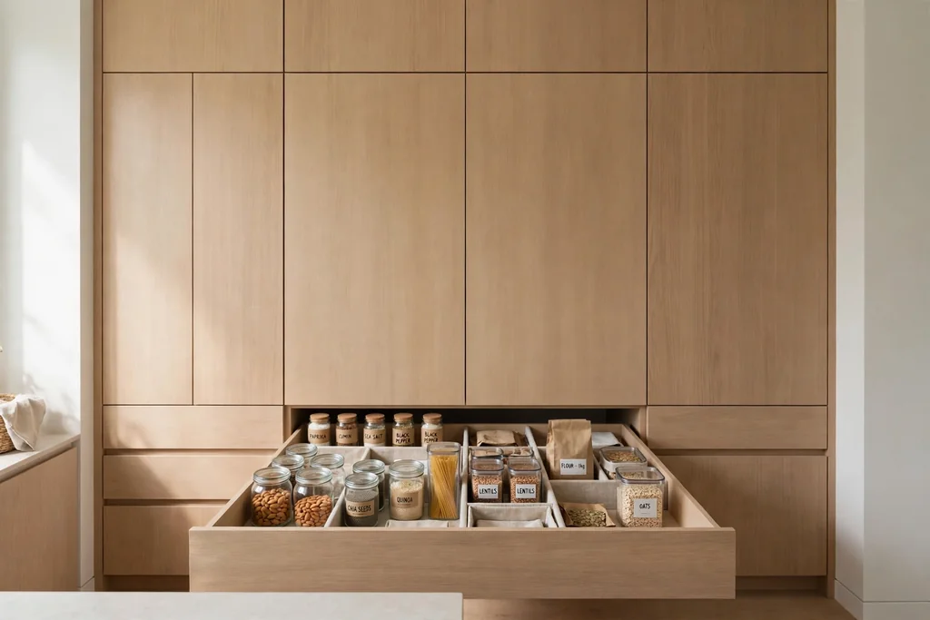 Tall minimalist pantry wall with flat-front doors and a deep drawer of organized food storage.