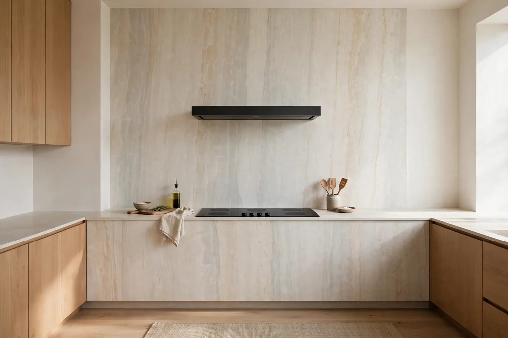 Minimalist kitchen with a full-height pale stone slab backsplash behind the hob.