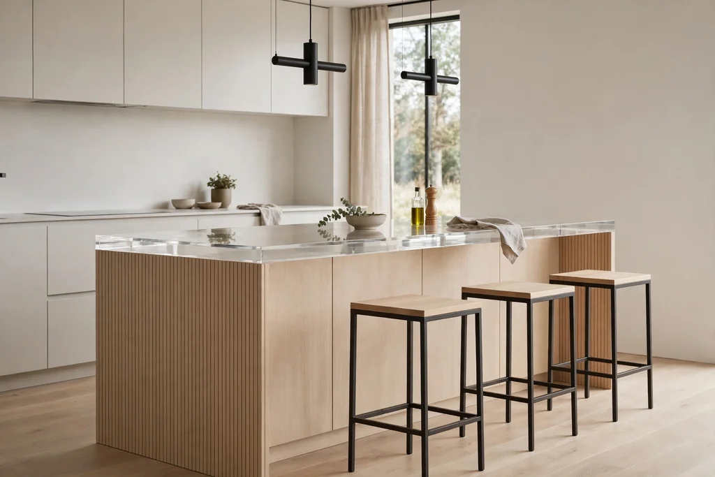 Minimalist modern kitchen island with slim wood and dark metal stools and a clear counter.
