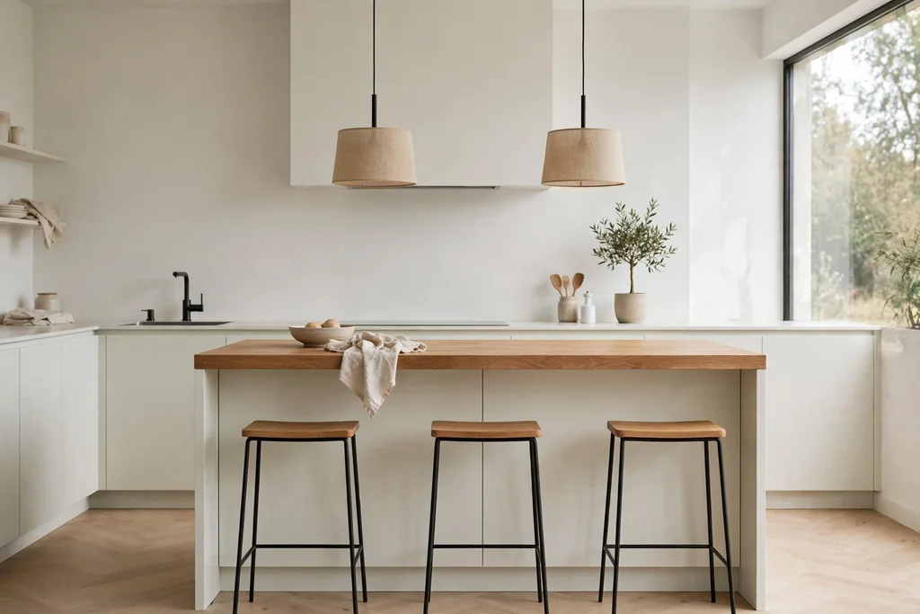 Minimalist modern kitchen with a warm wood island top and slim stools beside pale cabinets.